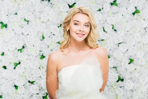 Preview: beautiful young woman with blonde hair on white floral background