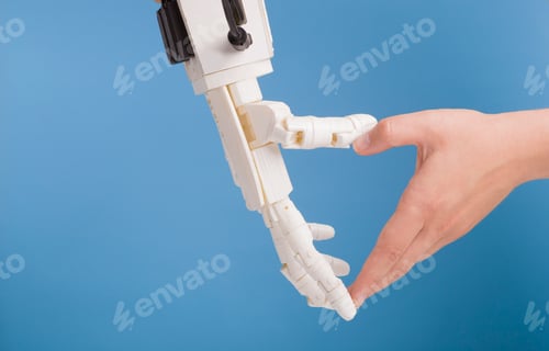 Preview: Human and robot hands making heart gesture on blue background