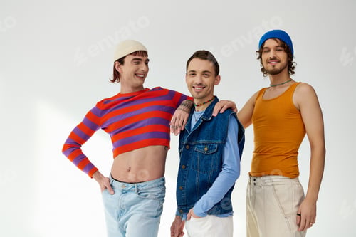 Preview: joyous good looking lgbtq male friends in casual vibrant outfits posing actively on gray backdrop