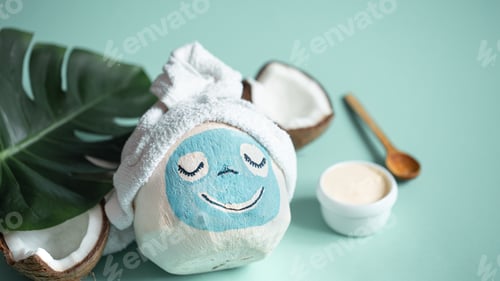 Preview: Creative Spa concept .Coconut with a face mask .