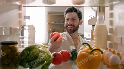 Preview: Point of view from inside refrigerator POV Caucasian man householder homeowner open fridge door