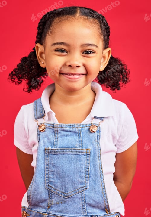 Preview: Portrait, child and girl in studio, happy and smile against a red background with mockup. Face, che