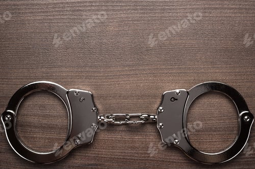 Preview: Steel Handcuffs On The Wooden Background