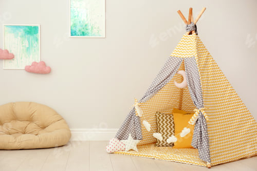 Preview: Modern nursery room interior with play tent for kids