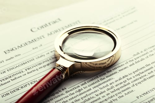 Preview: Magnifying glass resting on a contract with detailed engagement agreement terms