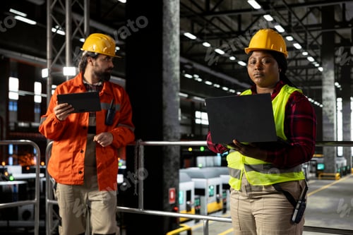 Preview: Engineer in hard hat reviewing production line near heavy equipment