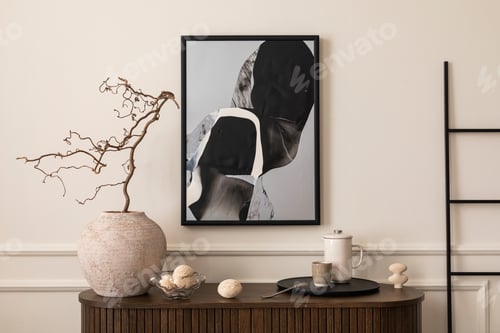 Preview: Warm and cozy composition of living room interior with personal accessories. Home decor. Template.
