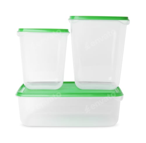 Preview: Empty plastic containers on white background. Food storage