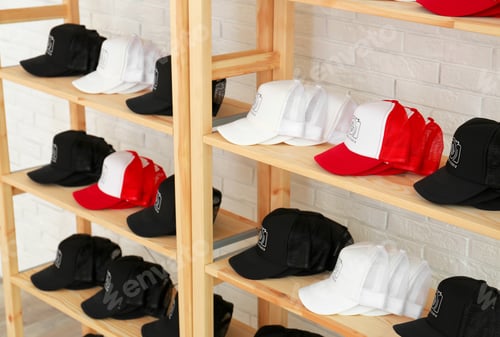 Preview: Different caps with logo on wooden rack in shop