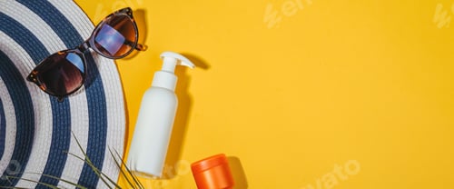 Preview: Set of accessories for sun protection on the beach in summer and on vacation, cosmetics, SPF cream