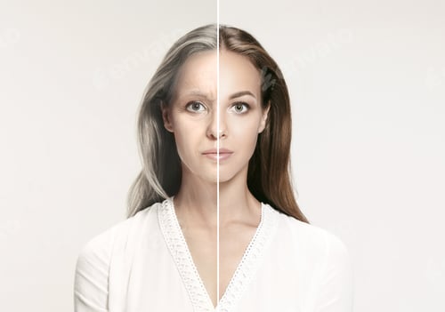 Preview: Comparison. Portrait of beautiful woman with problem and clean skin