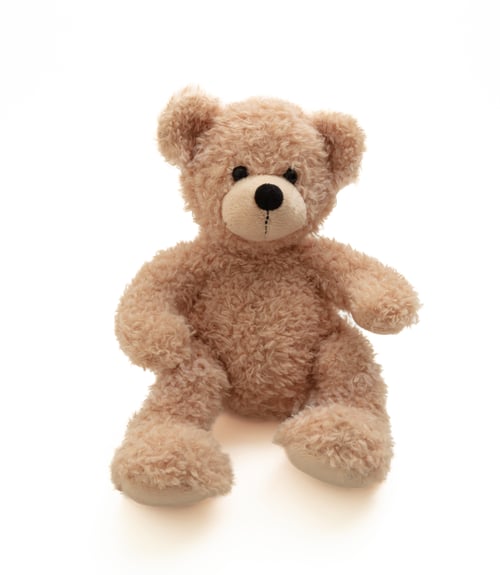 Preview: Teddy bear sitting isolated on white background. Cute brown stuffed animal