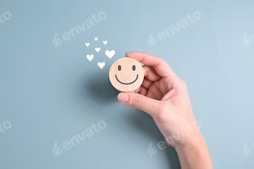 Preview: Hand with happy smile face emotion on background, Customer service evaluation, Positive thinking and