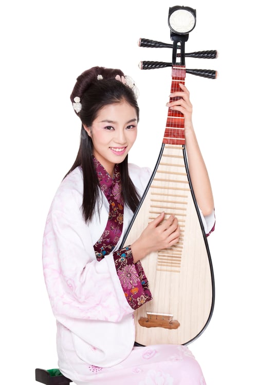 Preview: Young woman in Chinese traditional costume plucking Chinese lute