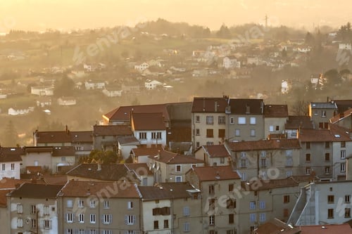 Preview: Aerial view of dense historic center of Thiers town in Puy-de-Dome department