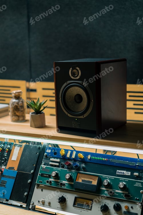 Preview: empty professional sound recording studio equalizer screen for sound engineer speaker equipment