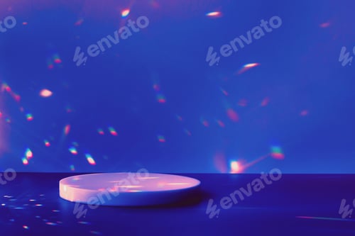 Preview: circle podium on dark blue background with rainbow crystal light refraction sparkles