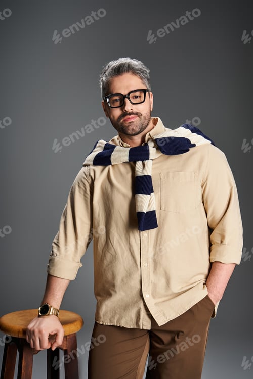 Preview: Stylish man showcases elegance in glasses and fashionable attire in studio setting