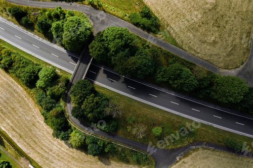 Preview: Aerial drone shot of a pedestrian bridge over the streets