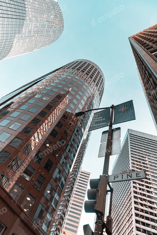 Preview: A city street with a street sign that says "Pine" and a traffic light