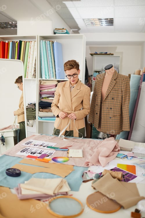 Preview: Fashion Designer Working on Designs in Workplace