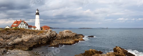 Preview: Panoramic view of Portland Head Lighthouse on the Atlantic Ocean Coast