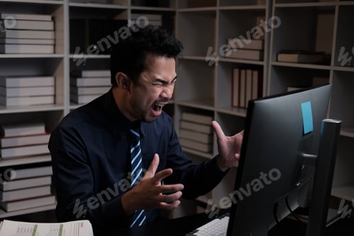 Preview: Stressful tired businessman feeling upset while working overtime during the night.