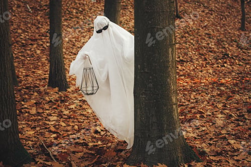 Preview: Funny ghost with black glasses peeking out of a tree in moody autumn forest