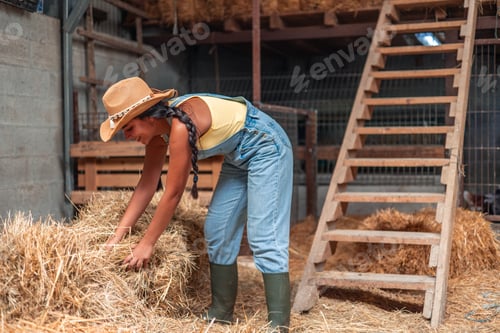Preview: Latin farmer woman arranging hay bales in barn