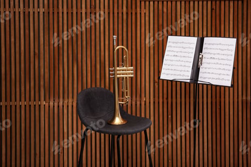 Preview: Trumpet, chair and note stand with music sheets on wooden wall background