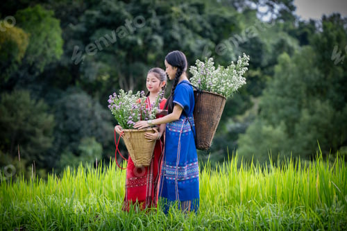 Preview: young girl dressed in traditional clothing, carrying a basket filled with flowers on her back. She i