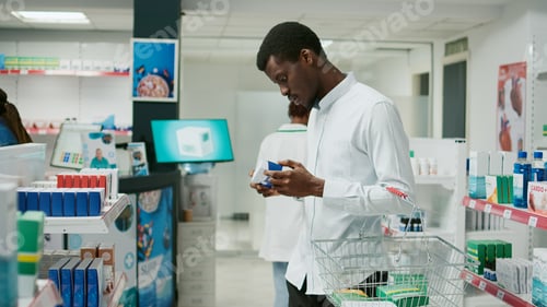 Preview: Drugstore customer reading leaflet on packs of pills