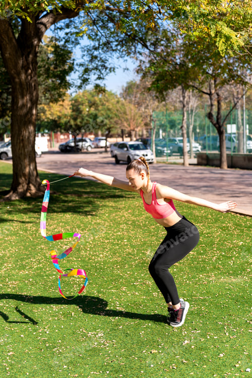 Preview: Ukrainian rhythmic gymnast performing with ribbon in a park