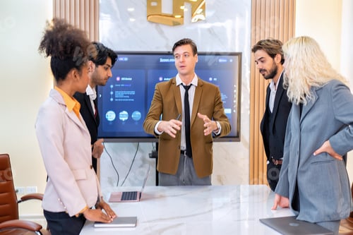 Preview: Employee on job corporate Business colleagues around the table making strong business team