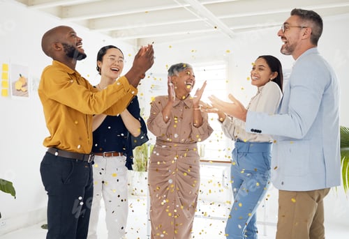 Preview: Success, confetti and party with business people in office for winner, celebration and support. Tea