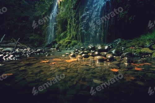 Preview: Magical misty waterfall with river rocks and green moss. Fairytale