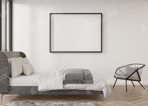 Preview: Empty picture frame on white wall in modern bedroom. Mock up interior in contemporary style.