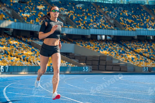 Preview: Female athlete sprinting on a running track in a stadium.
