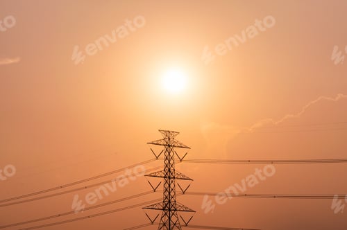 Preview: High voltage pole, Transmission tower with power line at sunset