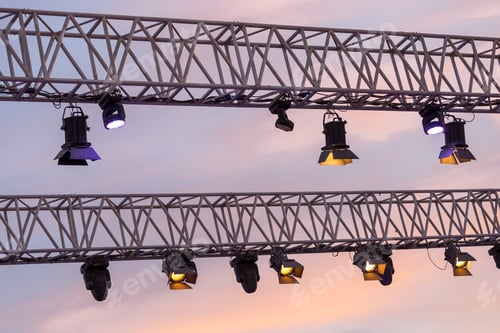 Preview: Lighting equipment installed for the music festival, many moving heads