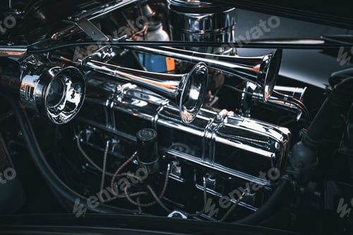 Preview: Closeup of a high-shine chrome car engine in a dark, industrial setting.