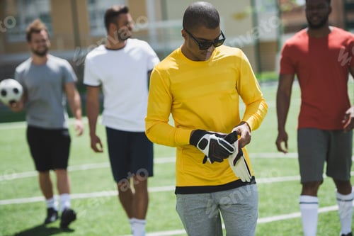Preview: multiethnic group of soccer players walking on pitch before soccer match