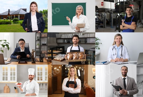 Preview: Confident people of different occupations, collage of portraits