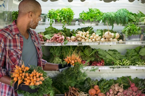 Preview: A farm stand with rows of freshly picked vegetables for sale. A man holding bunches of carrots.