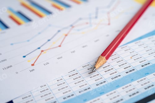 Preview: Pencil on chart graph static data paper for analysis account business trade.