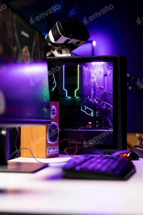 Preview: RGB lights illuminated fans on gaming computer , close up