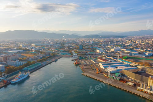 Preview: Petrochemical oil refinery and sea in industrial engineering, urban city. Oil and gas tanks