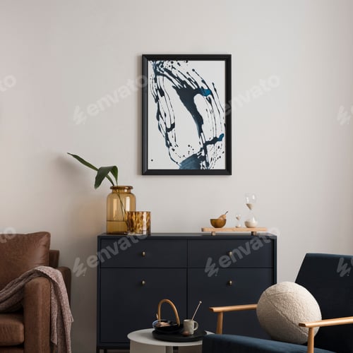 Preview: Creative composition of living room interior with blue commode, velvet armchair, mock up poster