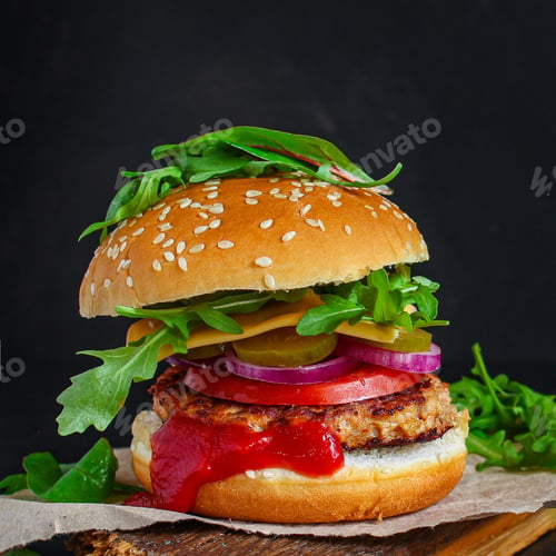 Preview: Burger, Meat Cutlet Beef Steak, Tomato, Sauce And Lettuce Tasty Meat Snack Sandwich Menu Concept