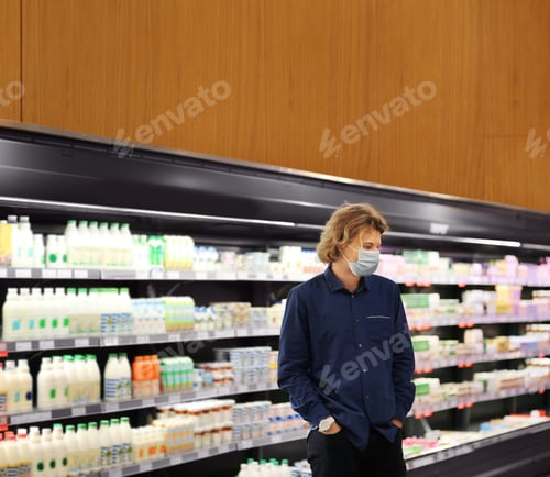 Preview: Supermarket Shopping, Face Mask And Gloves,Young Man Shopping In Supermarket, Reading Product